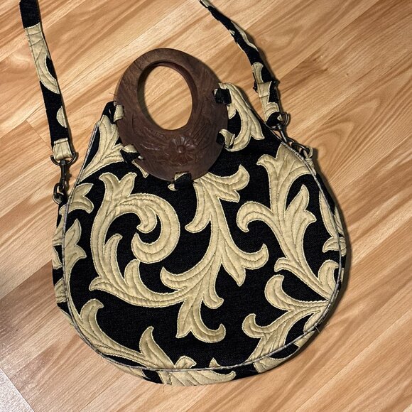 ZARA Crossbody Handbag Boho Wooden Handles Embroidered Fabric Black Tan Purses - Picture 2 of 14